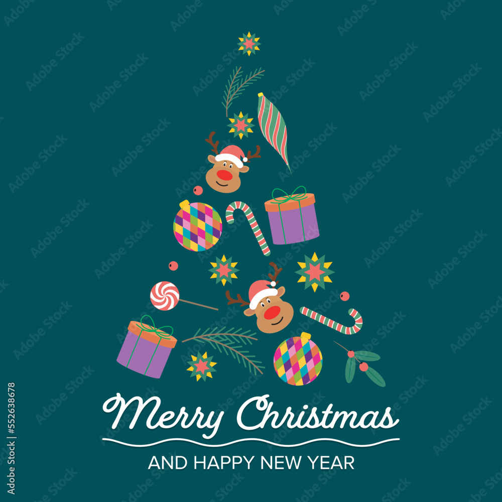 image of christmas tree is composed of star, candy, glass balls, holly berries, giftbox, deer and branches image of christmas tree is composed of star, candy, glass balls, holly berries, giftbox, deer and branches