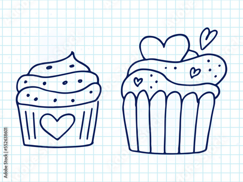 Set of cute hand-drawn doodle elements about love. Message stickers for apps. Icons for Valentines Day, romantic events and wedding. A checkered notebook. Cupcakes with hearts.