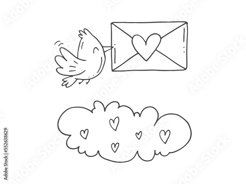 Set of cute hand-drawn doodle elements about love. Message stickers for apps. Icons for Valentines Day, romantic events and wedding. A bird with an envelope and a heart and a love letter with cloud.