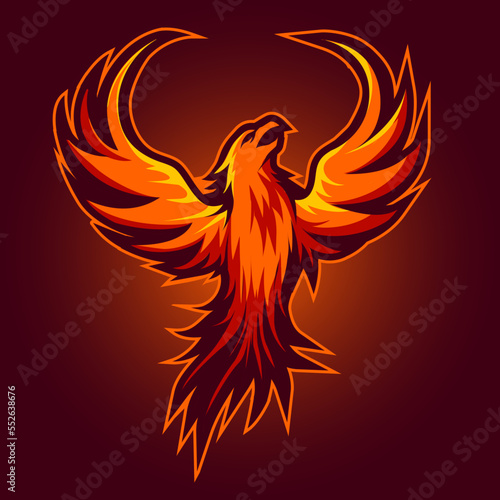 Red Phoenix esport mascot logo isolated on dark Red Background