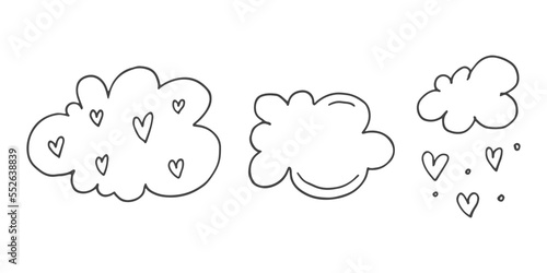 Set of cute hand-drawn doodle elements about love. Message stickers for apps. Icons for Valentines Day, romantic events and wedding. Clouds and rain from hearts.