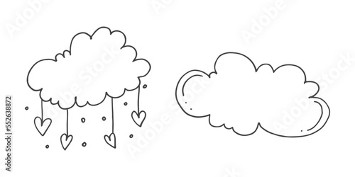 Set of cute hand-drawn doodle elements about love. Message stickers for apps. Icons for Valentines Day, romantic events and wedding. Clouds and rain from hearts.