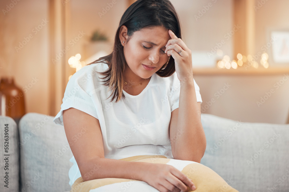 Woman, stress and headache in pain on sofa from depression, anxiety or mental health issues at home. Sad female holding head suffering from mental illness, discomfort or loss on living room couch Woman, stress and headache in pain on sofa from depression, anxiety or mental health issues at home. Sad female holding head suffering from mental illness, discomfort or loss on living room couch