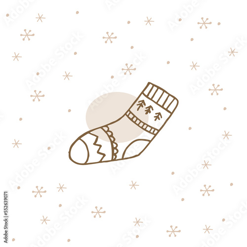 A hand-drawn winter clothing. Vector illustration in doodle style. Winter mood. Hello 2023. Merry Christmas and Happy New Year. Brown sock with ornament on a white background with snowflakes.