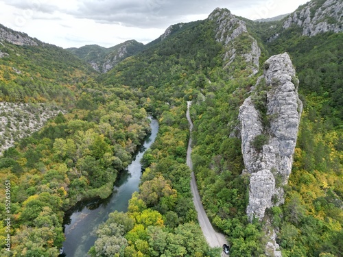 Rock formation Cetina river Croatia Tisne Stine  Omis drone aerial view. photo