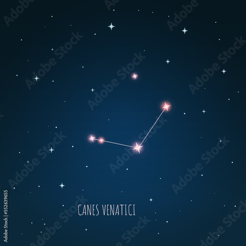 Constellation Canes Venatici scheme in starry sky. Open space. Vector illustration Canes Venatici constellation through a telescope.  photo