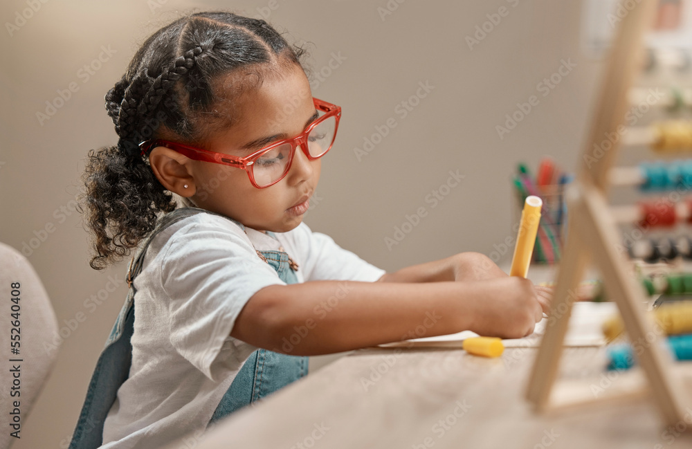 Obraz Home learning, education and girl in kindergarten studying math and knowledge development. House, student and assessment focus and writing of a child working on numbers for a study test at a desk