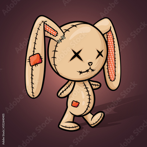 Crazy voodoo rabbit. Colored cute evil rabbit on a dark background with backlight and creepy shadow, halloween decoration. Sewn voodoo bunny walking through. Vector illustration. Stitched thread doll
