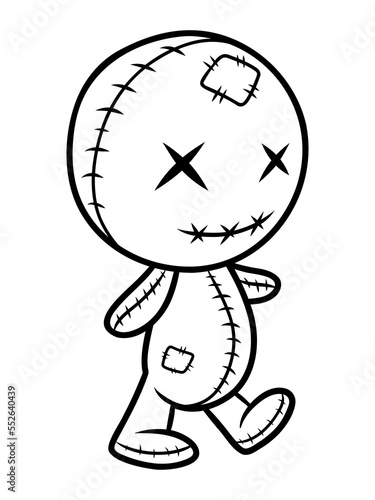 Crazy voodoo doll. Cute evil doll, halloween decoration. Sewn voodoo doll walking through. Vector illustration. Stitched thread funny monochrome zombie monster. Design for coloring books, stickers