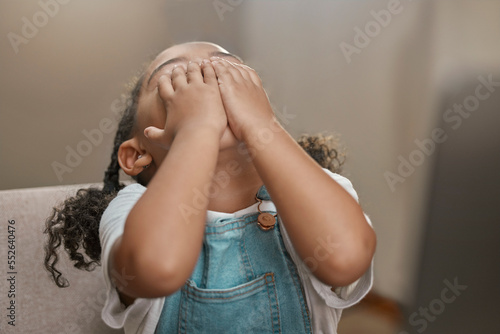Canvas Print Child, hands on face and covering eyes for hide and seek game at home while playing for fun, entertainment and fun activity