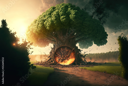Levada do caldeirao green queimadas madeira starts at the foot of a stunning tree. Generative AI photo