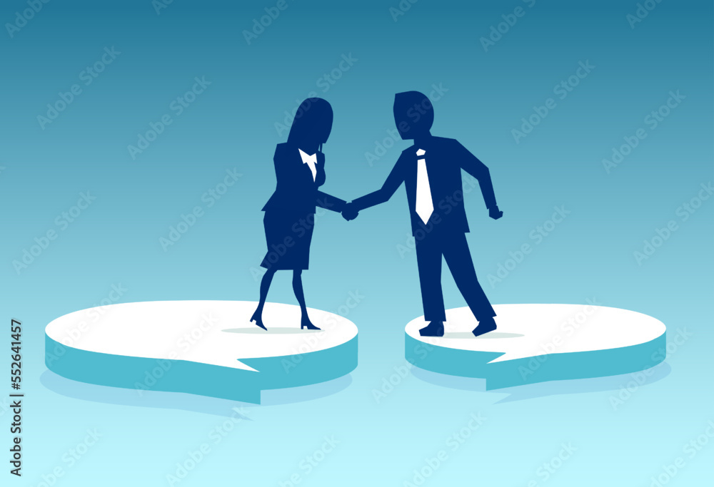 Vector of a business man and a businesswoman standing on speech bubbles and handshake Vector of a business man and a businesswoman standing on speech bubbles and handshake