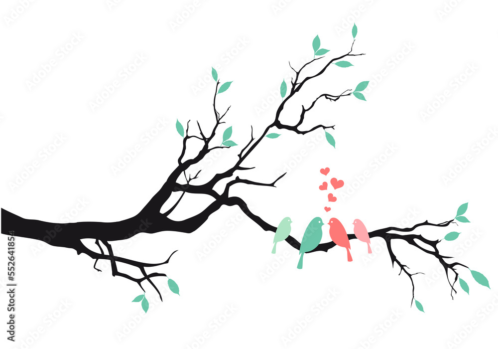 Fototapeta premium Family tree with cute birds, illustration over a transparent background, PNG image