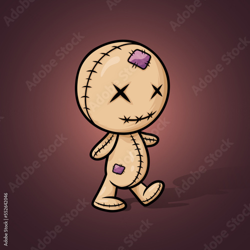Crazy voodoo doll. Colored cute evil doll on a dark background with backlight and creepy shadow, halloween decoration. Sewn voodoo doll walking through. Vector illustration. Design for stickers, cards