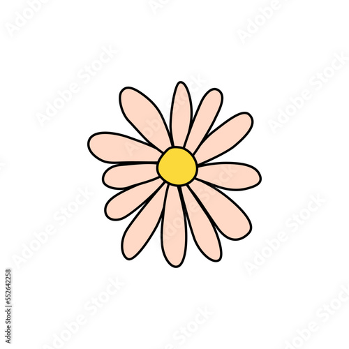 Retro Groovy Flower Element, Daisy flat icon in doodle style. Cute Hand Drawn Hippy Flower inspirited by 70s years. Vintage vector illustration isolated on white background. Floral for poster, print. © Яна Фаркова
