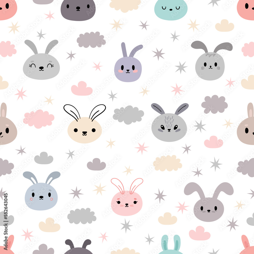 Cute seamless pattern with cartoon rabbits. Kawaii bunny. Hand drawn background with cute animals Cute seamless pattern with cartoon rabbits. Kawaii bunny. Hand drawn background with cute animals