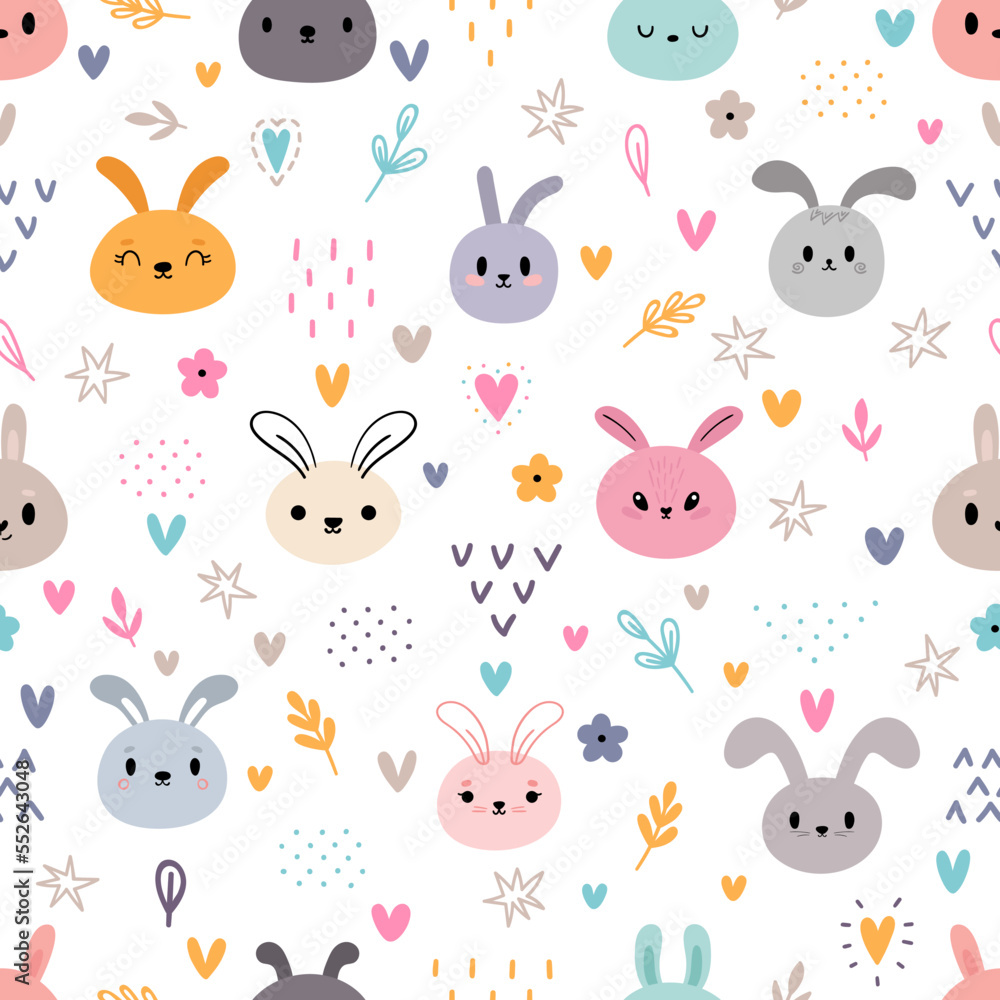 Cute seamless pattern with cartoon rabbits. Kawaii bunny. Hand drawn floral background with cute animals Cute seamless pattern with cartoon rabbits. Kawaii bunny. Hand drawn floral background with cute animals
