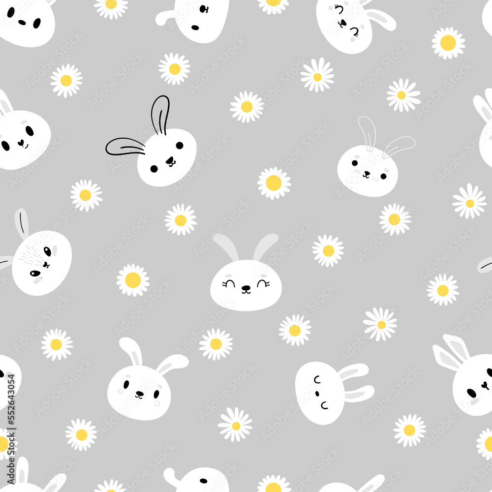 Cute seamless pattern with cute bunnies and daisies. Background for childrens clothes. Nursery room Cute seamless pattern with cute bunnies and daisies. Background for childrens clothes. Nursery room