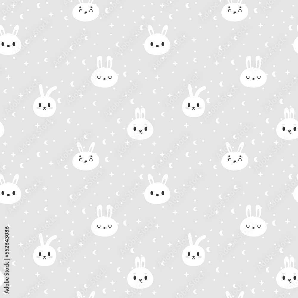 Fototapeta premium Seamless pattern with cute bunny. Hand drawn background with cartoon rabbits. Nursery style