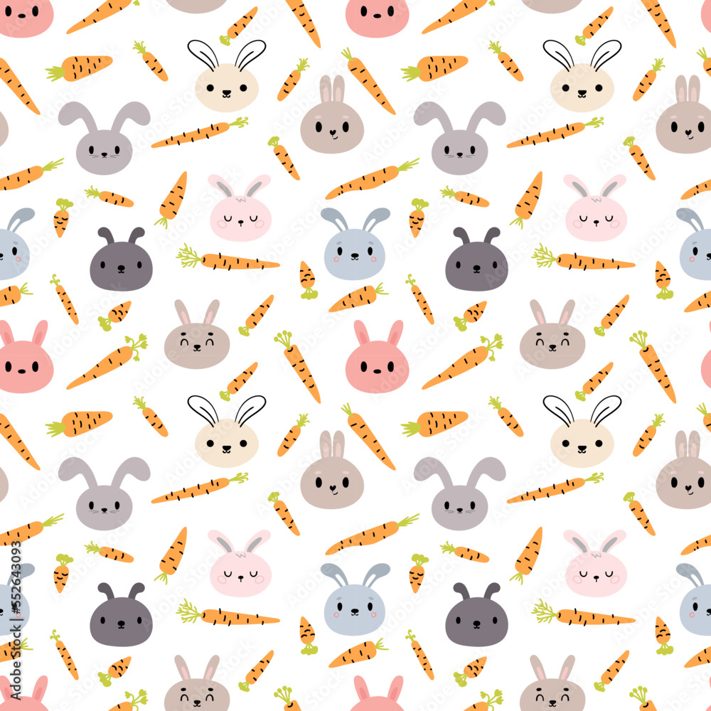 Seamless pattern with cute little bunnies and carrots. Hand drawn background with rabbits. Nursery style