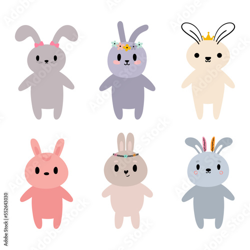 Collection of cute bunnies. Cartoon character. Funny doodle rabbits. Kawaii