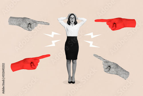 Creative collage of big arms fingers point mini black white colors girl blame accuse isolated on beige background photo