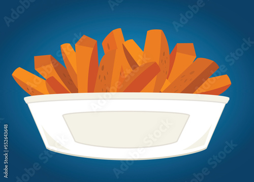 Sweet potato yam wedge fries bowl over blue background food cuisine illustration 