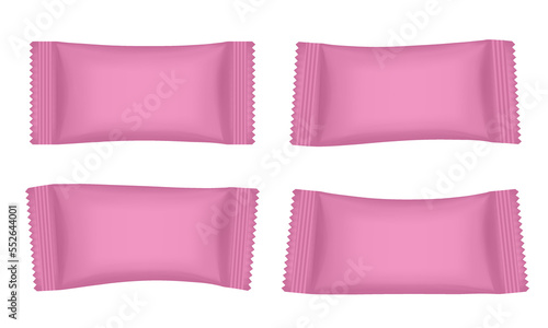 Set of pink flow packs. Chocolate bar or ice cream wrapper. Silver foil bag. Realistic 3d mockup of a flow pack or sachet. Pouch