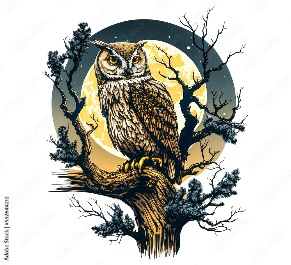 An owl sitting on a tree branch with a full moon in the background, A ...
