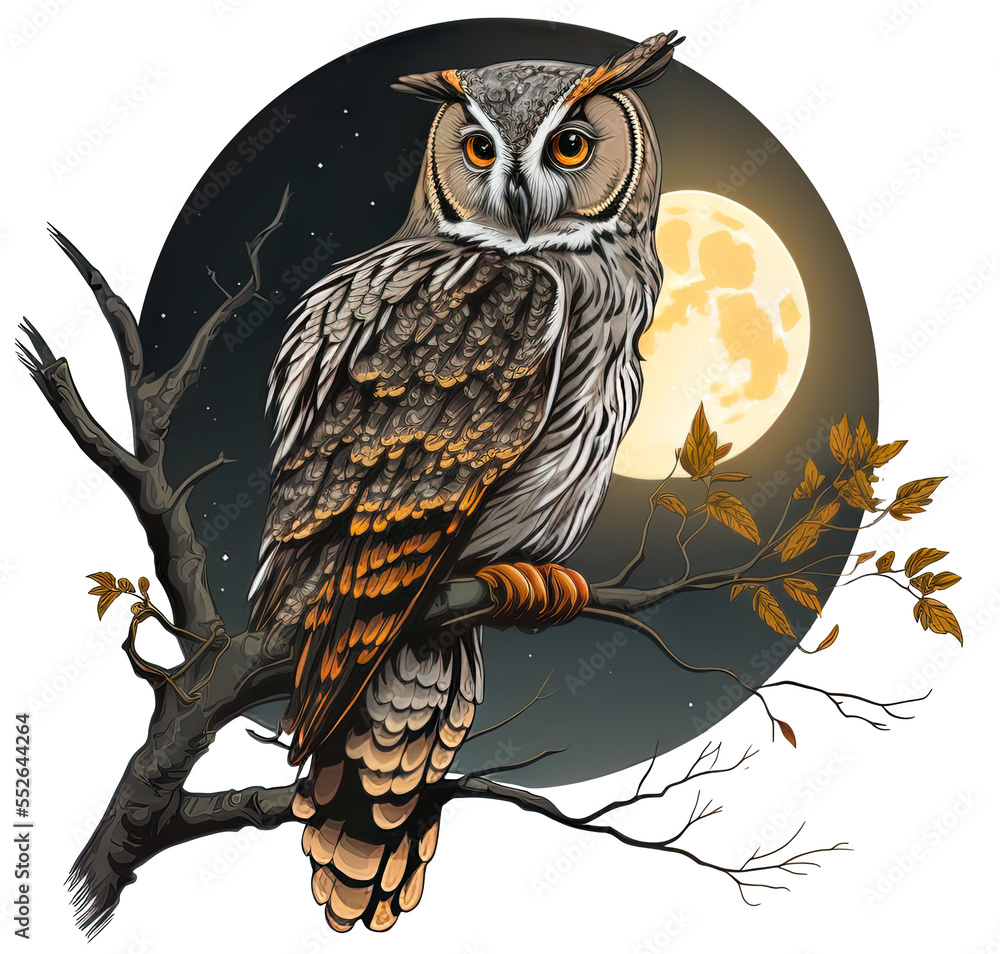 An owl sitting on a tree branch with a full moon in the background, A ...