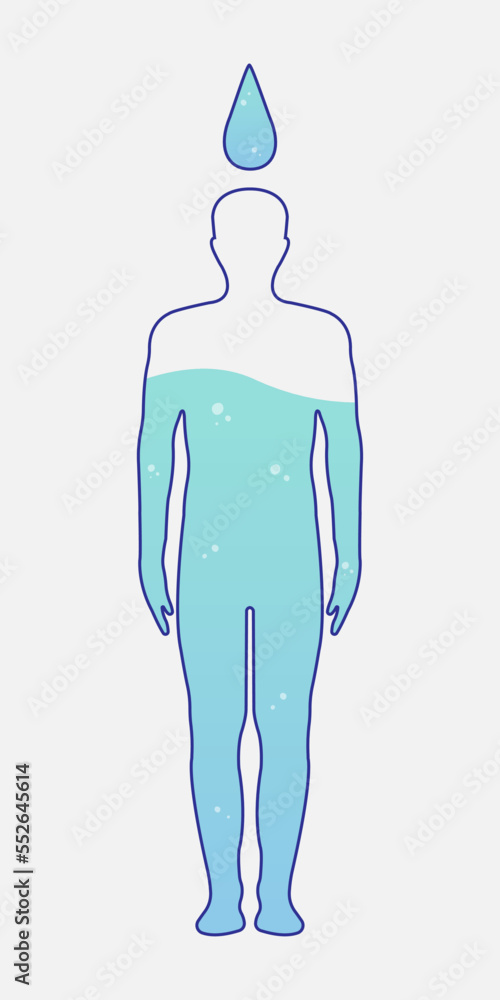 Water balance in the human body, silhouette of a person with water isolated vector icon Water balance in the human body, silhouette of a person with water isolated vector icon