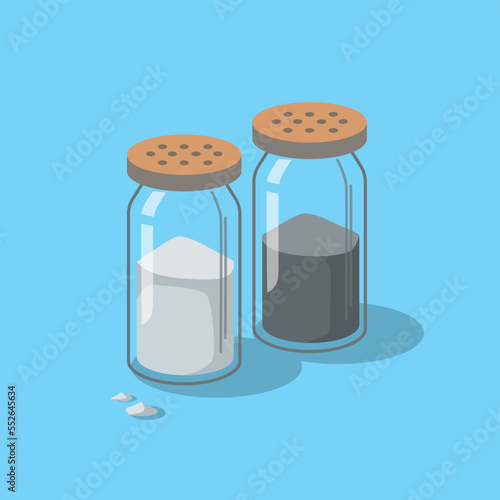 Salt and pepper. Pair of transparent glass shaker with wood cap. Vector illustration cartoon flat icon isolated.