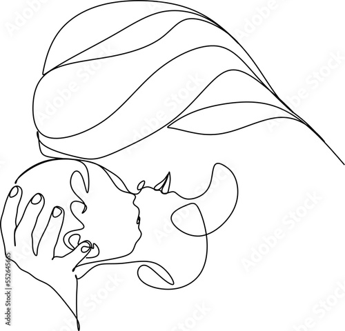 Abstract mother with a child in continuous one line drawing art style. Mother`s Day card. Woman hugging her baby. Happy motherhood concept. Modern vector illustration