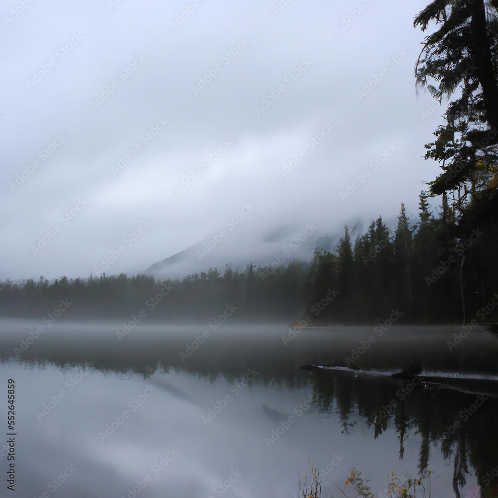 Fototapeta premium Beautiful Misty Mountain Scene Forest Landscape Reflected On A Lake In Early Morning Generative AI