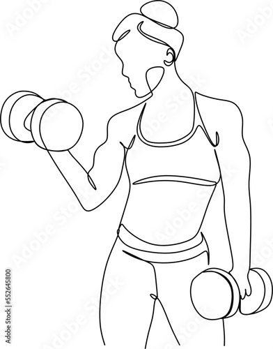 A woman lifts kettlebells in a continuous one line drawing. Female bodybuilder vector hand drawn silhouette clipart. Lady is working. Gym illustration.