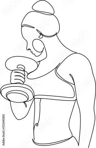 A woman lifts kettlebells in a continuous one line drawing. Female bodybuilder vector hand drawn silhouette clipart. Lady is working. Gym illustration.