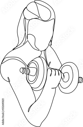 A woman lifts kettlebells in a continuous one line drawing. Female bodybuilder vector hand drawn silhouette clipart. Lady is working. Gym illustration.