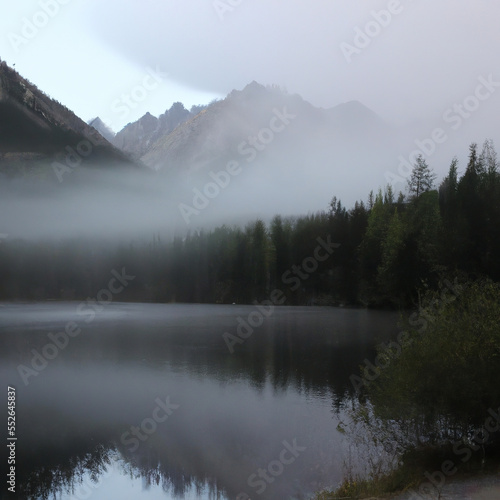 Beautiful Jagged Mountain Scene Forest Landscape Reflected On A Quiet Pond Shrouded In Mist Generative AI