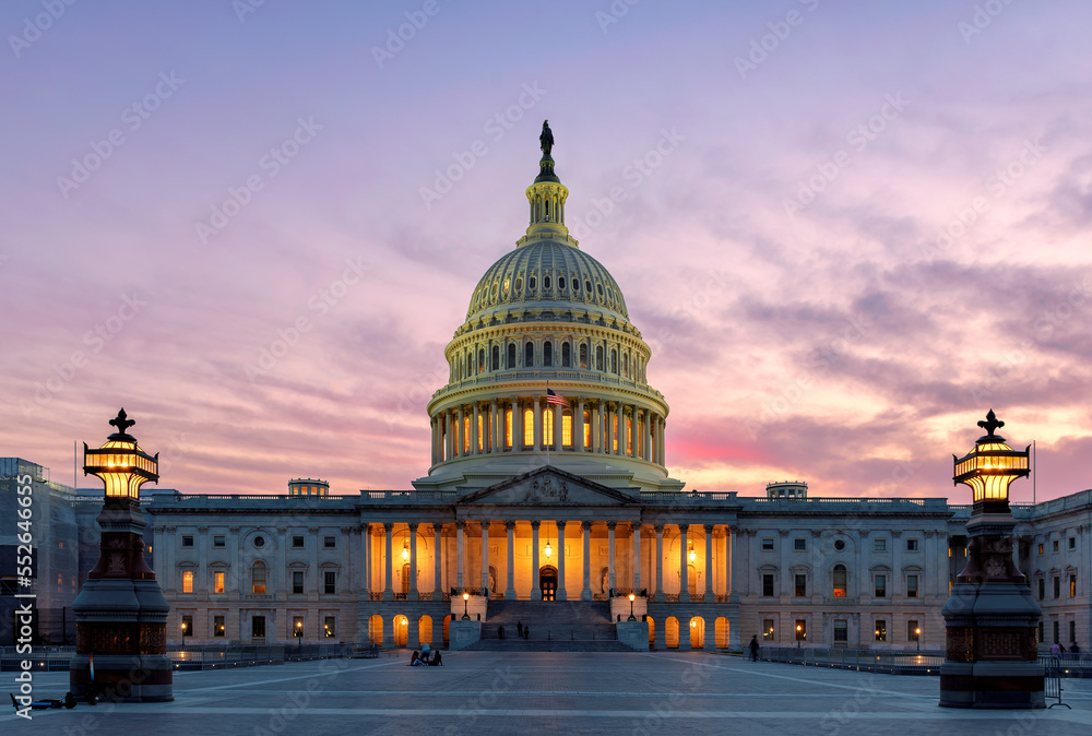 The United States Capitol building at sunset, Washington DC, USA.	