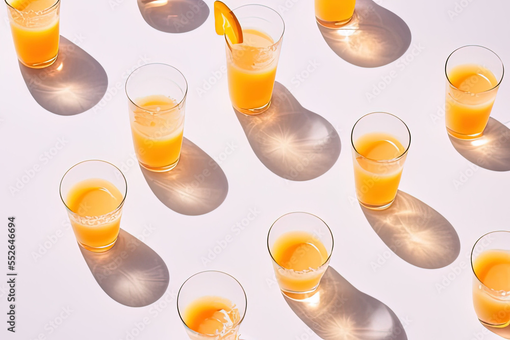 photography of a group of glasses filled with orange juice, photography of a group of glasses filled with orange juice,