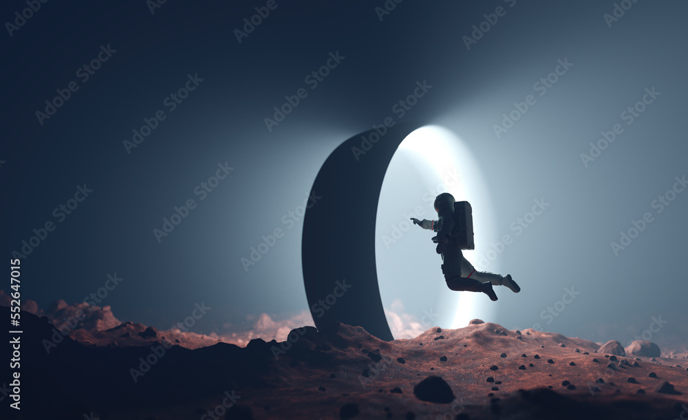 Astronaut on alien planet entering spacetime portal light - obrazy, fototapety, plakaty 