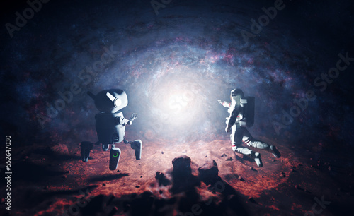 Konstfotografi Astronaut and AI robot explore alien planet.