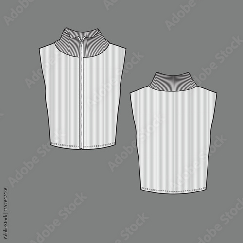 Zipper High Neck Sleeveless Ribbed crop top turtle neck Full Open Zip detail  fashion flats sketch template