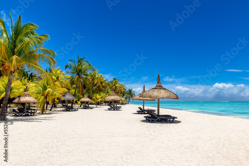 Fototapeta Naklejka Na Ścianę i Meble -  Tropical vacations beach with palm trees and straw umbrellas and tropical sea in Paradise Mauritius island.	