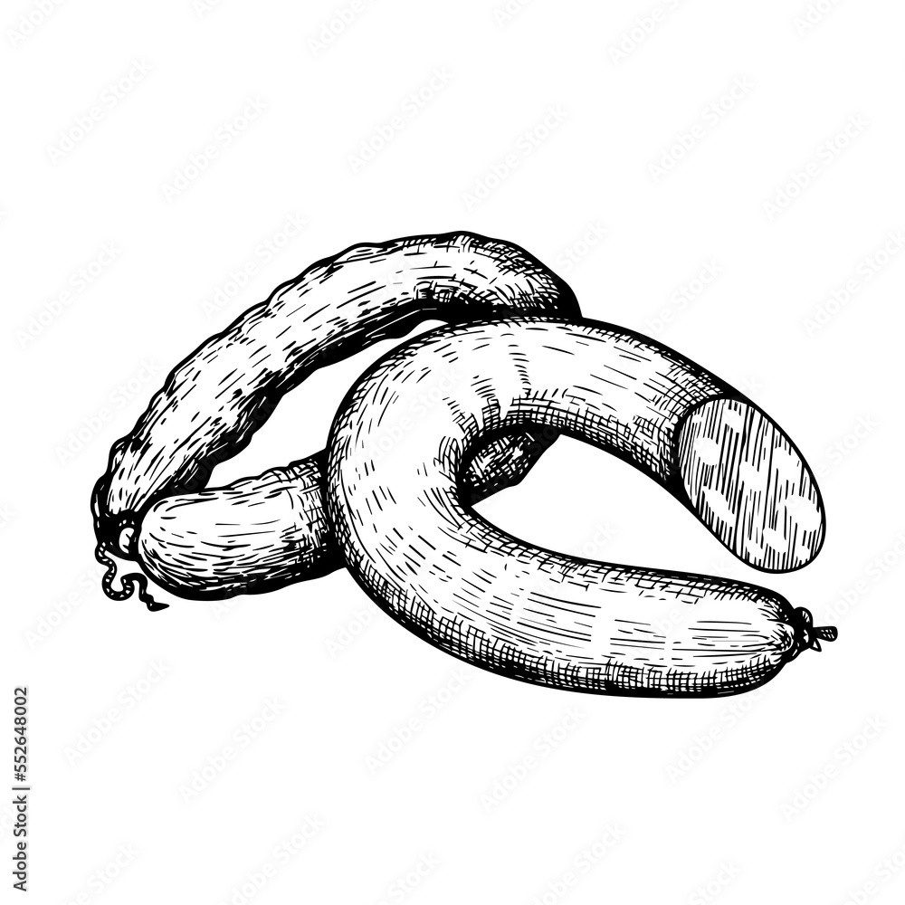 Sausages in vintage style. Hand drawn sketch style butchery product