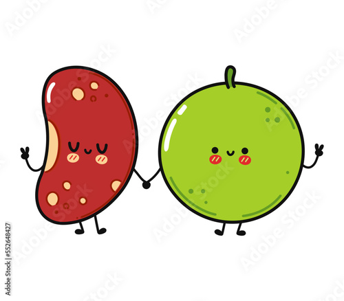 Cute, funny happy peas and red bean character. Vector hand drawn cartoon kawaii characters, illustration icon. Funny cartoon happy peas and red bean friends