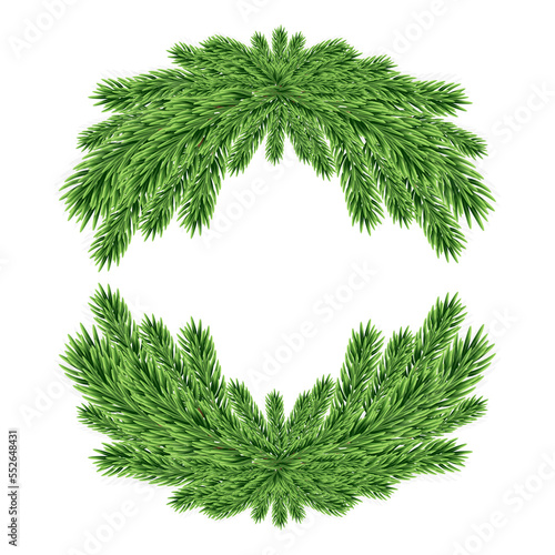 Christmas decorative wreath frame with coniferous branches isolated on white background. Template for a banner, poster, invitation