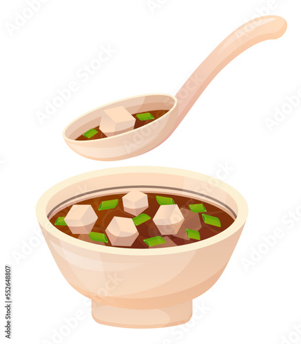 Soup miso with tofu. Japanese traditional food. Asian food in bowl with spoon. Colorful vector illustration isolated on white background.