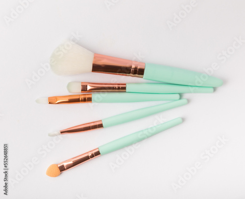 Cosmetic makeup brush isolated on white background. Blush, eyeshadow & contour, foundation, concealer & bronzer, angled brushes. Makeup set. Beauty concept.