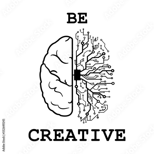 Brain logo vector illustration on white background. The brain image is compared to a computer with a processing chip.